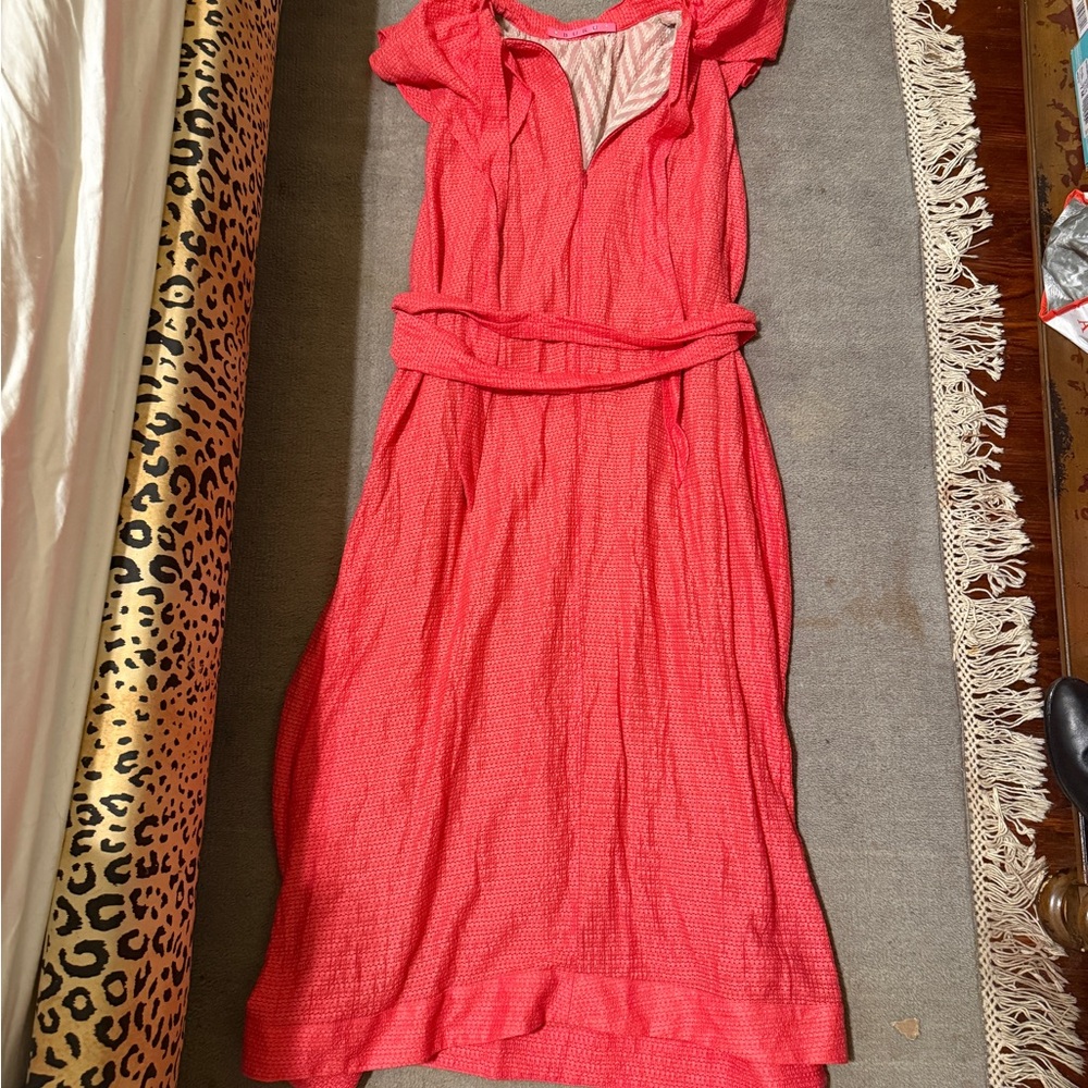 BURU Custom Orange Red Maxi Dress with Pockets Pussybow Tie Waist Size L